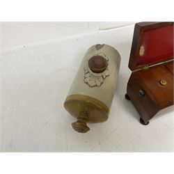 sarcophagus shaped tea caddy with bun feet, together with two stone hot water bottles, caddy H17cm 