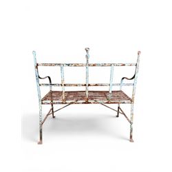Regency period wrought iron strapwork garden bench, cresting rail with central Scottish thistle motif and flanking pediments, in distressed blue painted finish