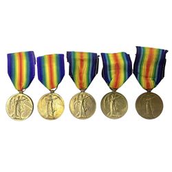 Five WW1 Lincolnshire Regiment Victory Medals awarded to 42327 Pte. T Davison; 29878 Pte. J.W. Simpson; 21702 Pte. H. Archer; 41348 Pte. J.A. Hart; and 9874 Pte. N. Ellis; some biographical information; all with ribbons (5)