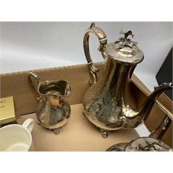 Spelter horse figure group, silver-plated Victorian tea wares engraved with floral decoration, ceramics to include commemorative ware, glassware etc in two boxes