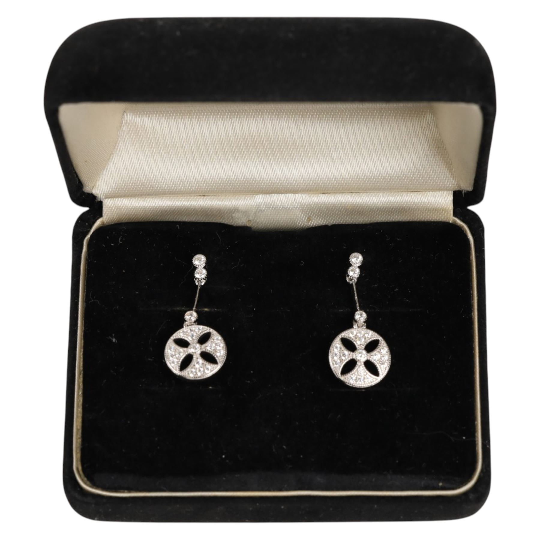 Pair of silver art deco style pendant earrings, boxed