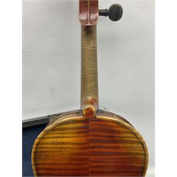 Late 19th century French three-quarter size 'Conservatory' violin with 34cm two-piece maple back and ribs and spruce top, the peg box inscribed 'Conservatory Violin Straduari', bears label 'Antonius Stradiuarius Cremonensis Faciebat Anno 1721' L55.5cm overall; in ebonised wooden 'coffin' case