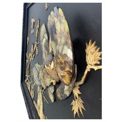 Meiji period (1868–1912), signed Shibayama carved hardwood lacquer panel inlaid with mother-of-pearl and ivory, decorated in high relief and inlaid, depicting two birds of prey with locked talons and beaks on leafy tree branch, signature in lower right corner, in original frame. This item has been registered for sale under section 10 of the APHA Ivory Act