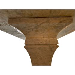 Classical Grecian design Carrera marble centre table, the rectangular single slab top with rounded corners and carved edge, raised on twin pedestals comprised of three pieces with a waisted column on a stepped plinth