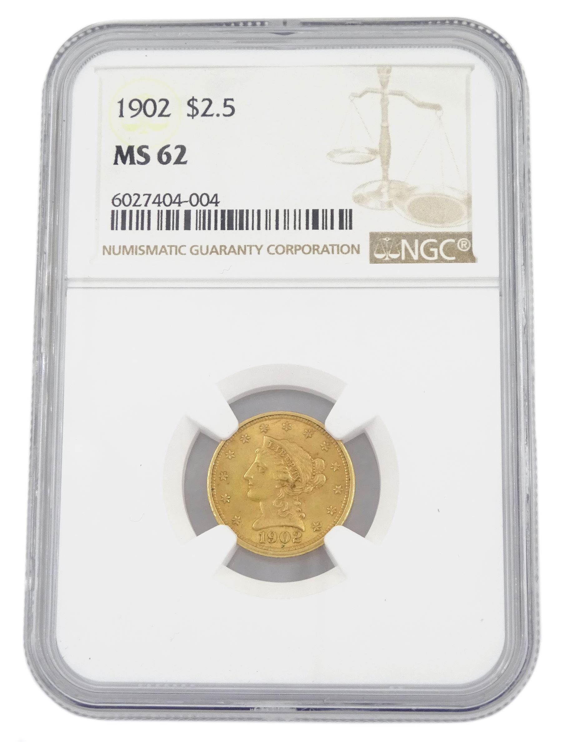 United States of America 1902 Liberty head gold two and a half dollar coin, encapsulated and graded MS62 by NGC