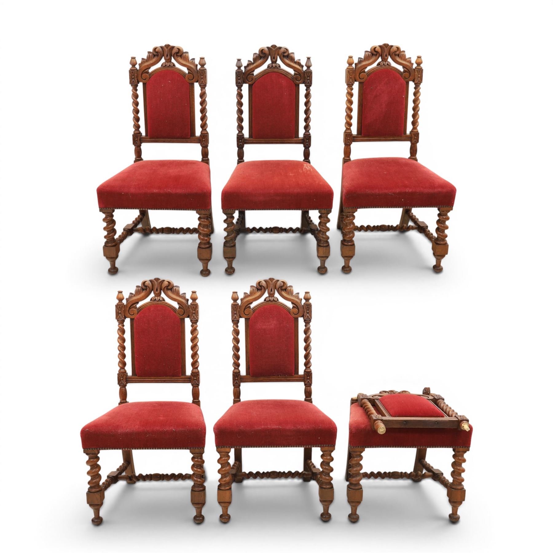 Set of six Victorian high-back dining chairs with spiral turned uprights and supports
