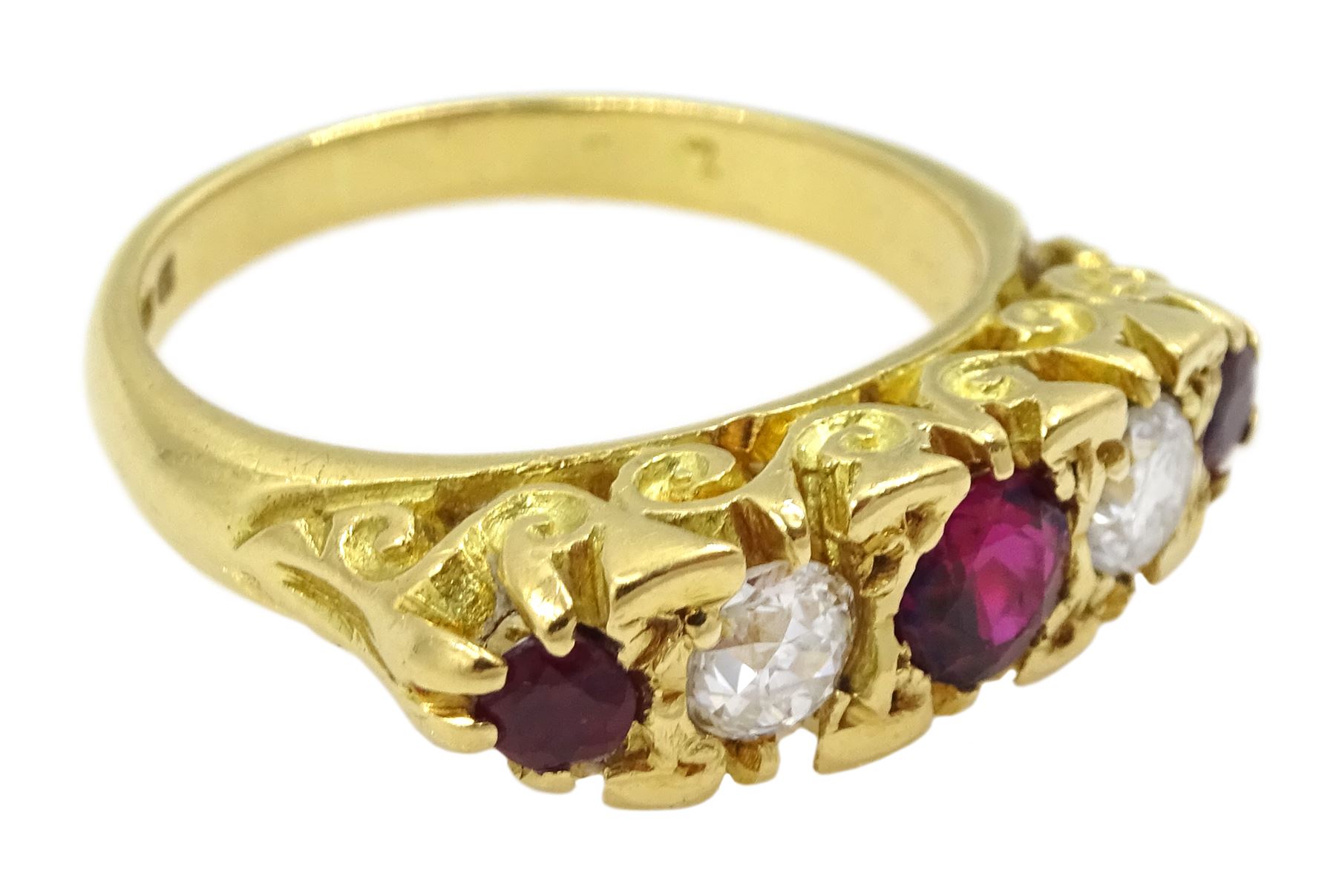 18ct gold five stone round ruby and old cut diamond ring, London 1976, total diamond weight approx 0.45 carat, total ruby weight approx 0.50 carat