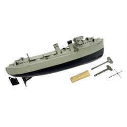 Pre-war Sutcliffe Grenville tinplate clockwork Battleship, with black and grey hull, grey deck and upper decks, propeller and rudder, length 32cm; with manuscript biographical details and two keys, unboxed