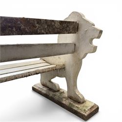 Composite stone white painted garden lion bench, the end supports in the form of standing lions, with pegged back and seat slats
