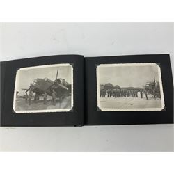 144 Squadron RAF - album containing over one hundred photographs and postcards of varying sizes including group shots, aircraft on the ground and in the air, German aircraft, crashes etc; sizes from 3.5 x 6cm to 16 x 21cm; and quantity of modern reference material
