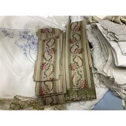 Large quantity of table linen and Victorian and later lace, framed machine tapestry depicting Greece, embroidered wall hanging decorated with a woodland scene with deer and blossoming tree, embroidered linen decorated with floral design, crochet, etc