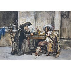 Philippe Pavy (French 1860-c1920): Two Gentlemen in Conversation, watercolour heightened with white signed and dated 1887, 17cm x 24cm