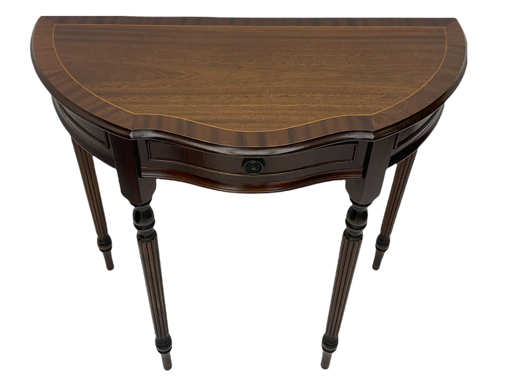 Victorian style mahogany console table, shaped moulded top on scrolled supports, moulded and canted base (W91cm, H76cm, D41cm), and a reproduction mahogany console or side table on reeded supports 