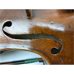 German violin c1900 with 35.5cm two-piece maple back and ribs and spruce top, bears label 'Antonius Stradivarius Cremonensis Faciebat Anno 1737', overall L59cm; in carrying case with German silver mounted pernambuco bow and another