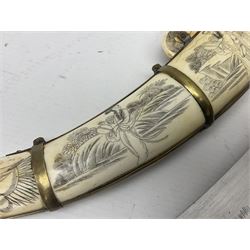 Two oriental knifes, both with bone pommel handles and bone scabbards, with scrimshaw decoration, one depicting erotic scenes