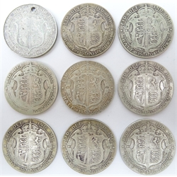  Nine Great British King Edward VII half crowns, 1902 (holed), 1903, 1904, 1905, 1906, 1907, 1908, 1909 and 1910  