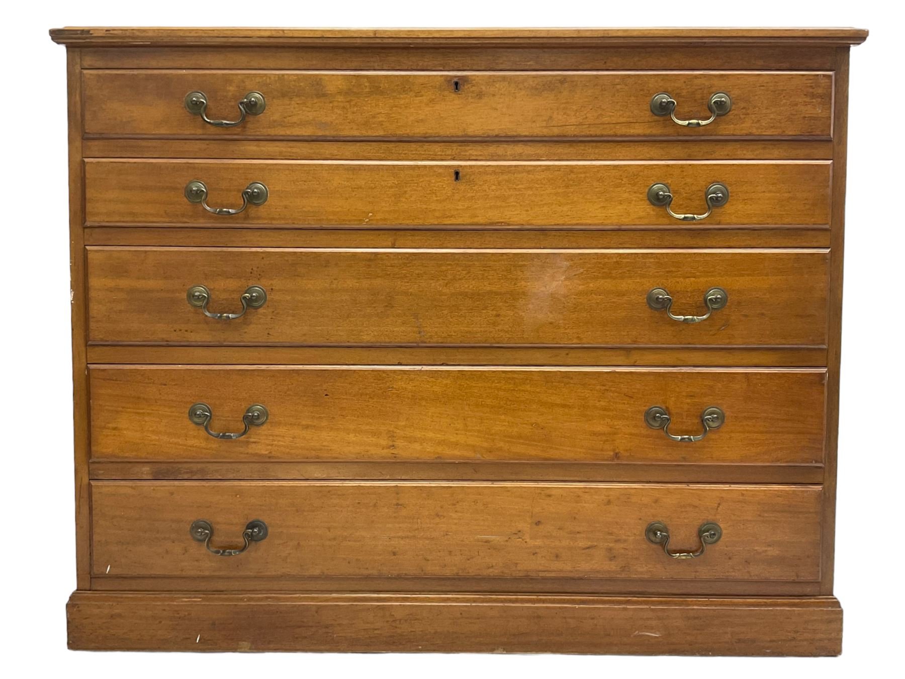 20th century mahogany plan chest, moulded rectangular top over five graduating drawers, on moulded plinth base