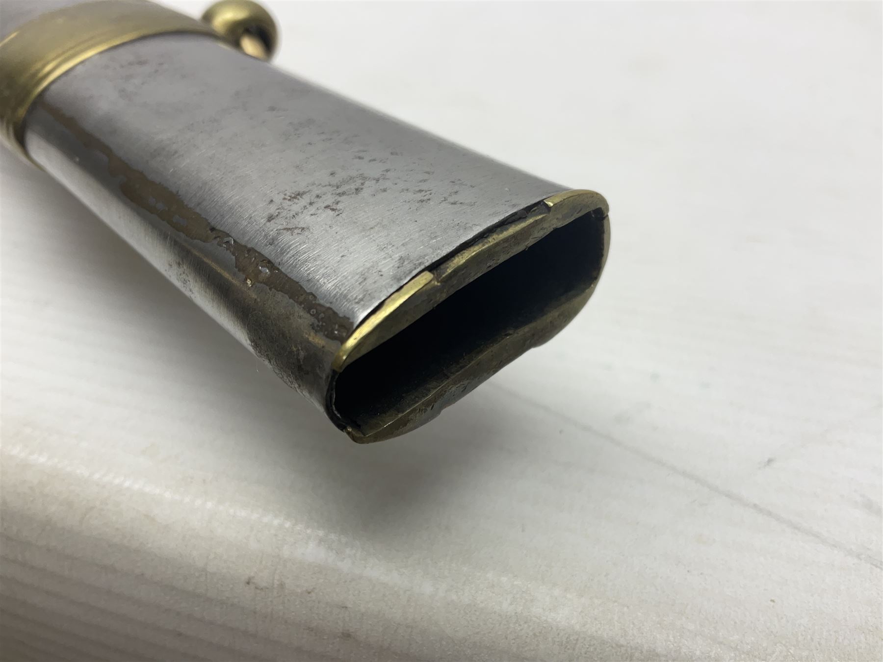 Early 19th century French Lancers officer's sword c1810, the 84cm curving fullered blade retaining most of its bluing, gilding and engraved decoration, inscribed I.S.& C. to ricasso (for Schimelbusch), brass three-bar hilt with elongated elliptical langets and wire-bound leather grip; in polished steel scabbard with two brass suspension rings L100cm overall