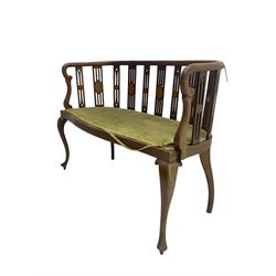Edwardian inlaid mahogany salon settee or bench, the pierced and inlaid splat back over serpentine front, seat upholstered in laurel green velvet, raised on cabriole supports with satinwood stringing