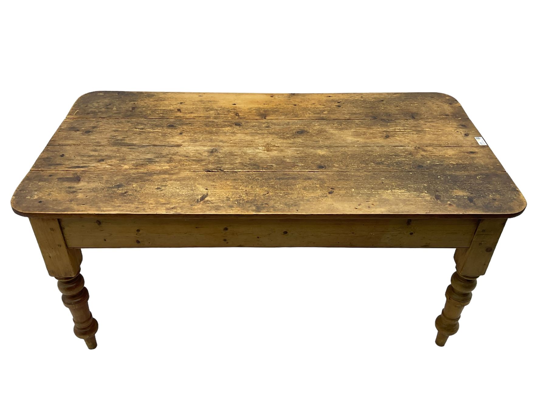 Victorian pine farmhouse dining table, rectangular plank top with rounded corners, on turned supports 