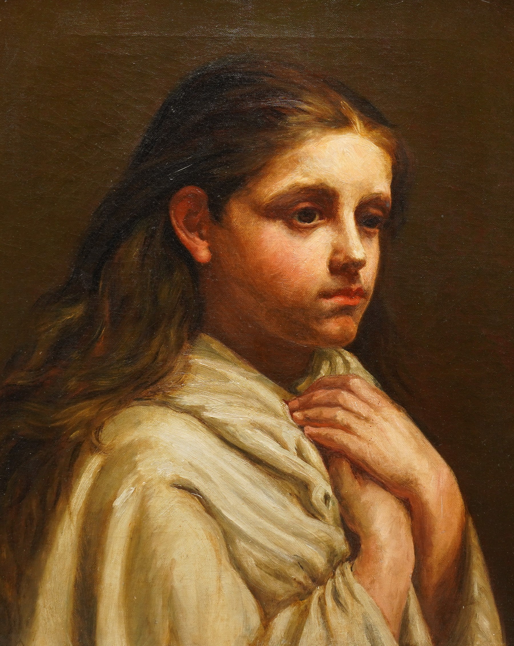 English School (19th century): Portrait of a Young Girl with Clasped Hands, oil on canvas unsigned 52cm x 42cm