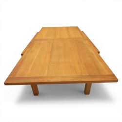 Contemporary square light oak extending dining table, and set of four chairs, table extends to 180cm