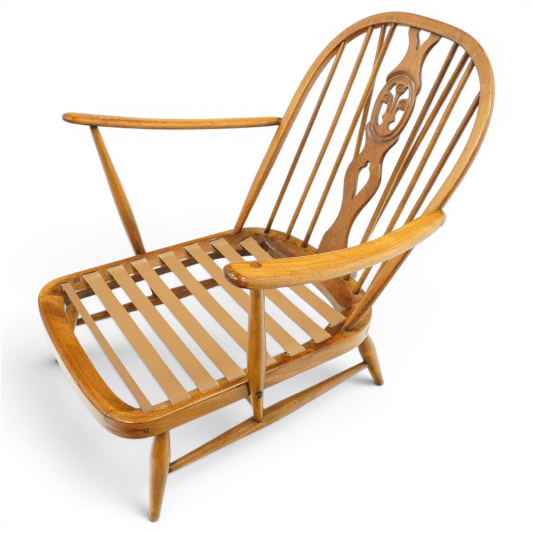 Ercol - 'Fleur de Lis' Windsor elm armchair and footstool, with blue gingham checked seat cushions