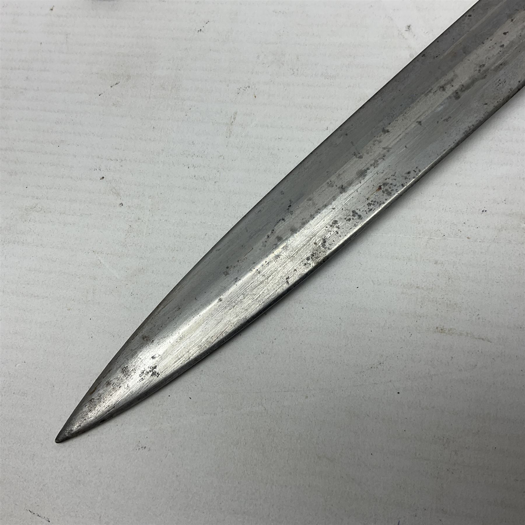 British Pattern 1888 knife bayonet, the 30cm double edged blade by Sanderson with central raised medial ridge and various marks to the ricasso including date code 12 98; in leather covered scabbard with various stamped marks L44cm overall