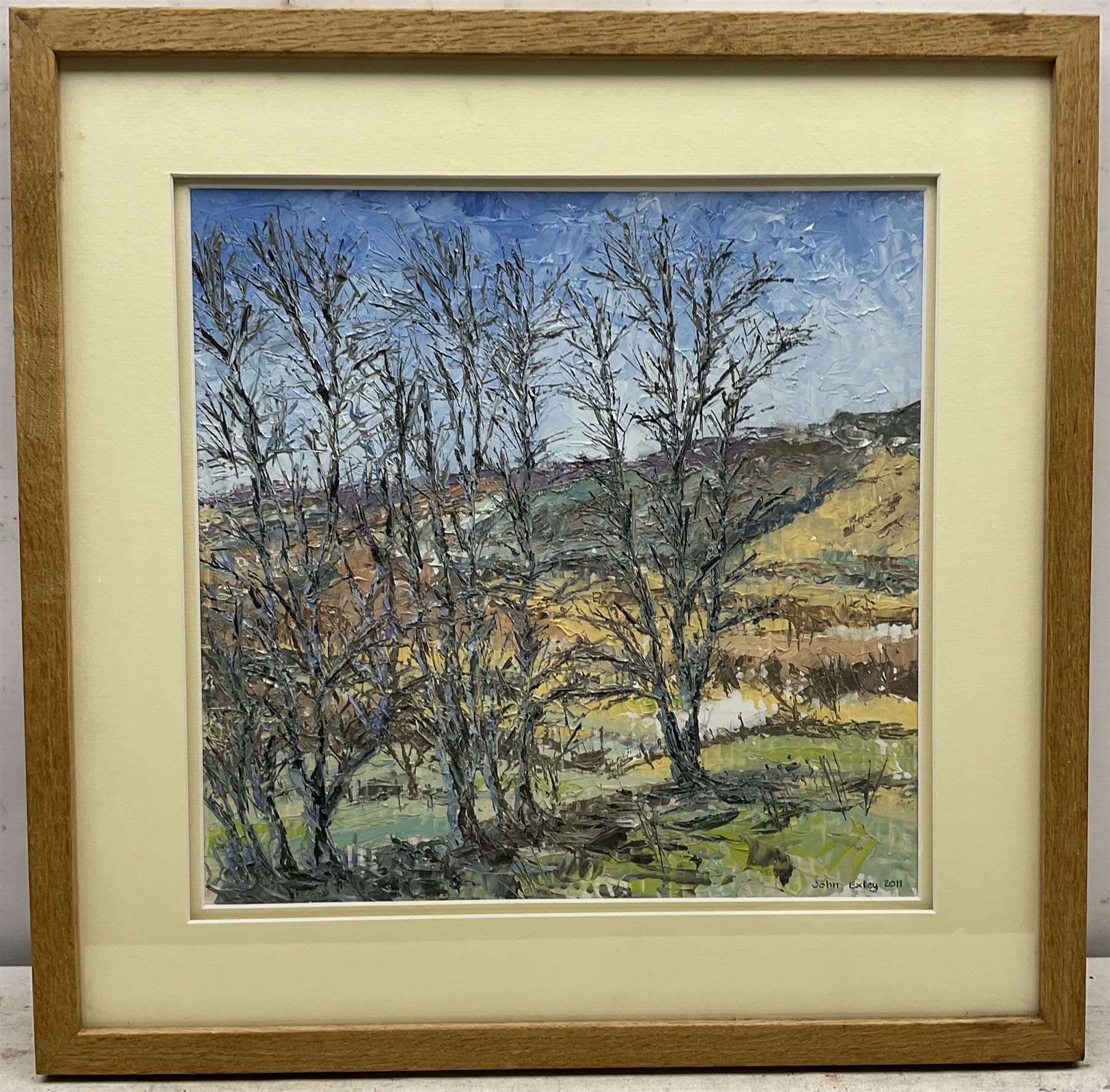 John Exley (British Contemporary): 'View from Holling Hall', impasto oil on canvas signed and dated 2011, titled on label verso 35cm x 35cm