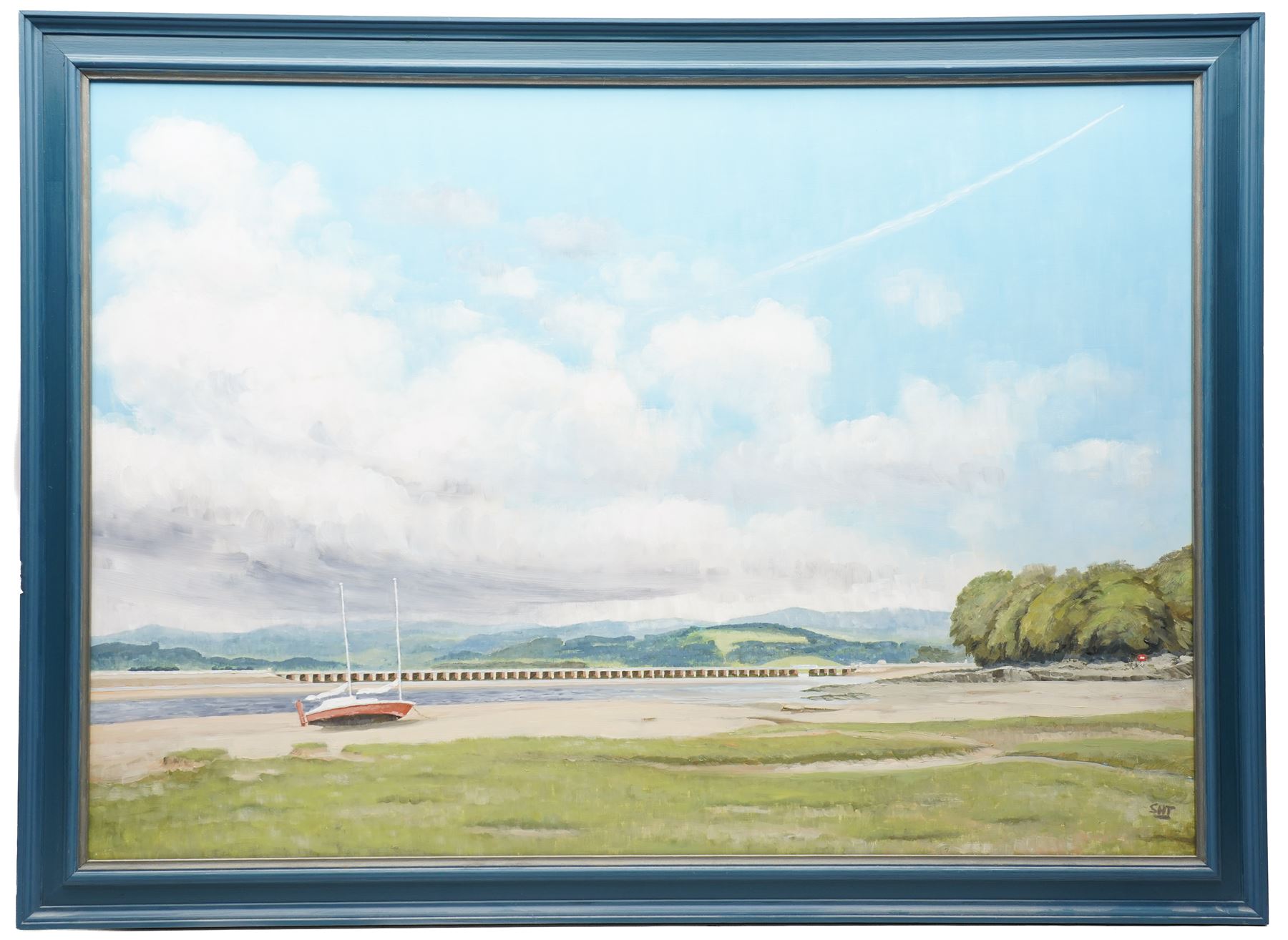 Sid Tasker (British 20th century): 'The Viaduct from New Barnes Bay', oil on board signed with initials, titled and dated 1997 on label verso 71cm x 101cm 