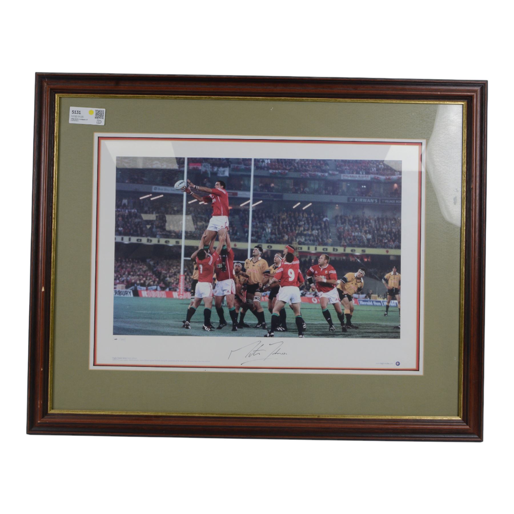 Two limited edition Brian Carney and Martin Johnson signed prints, together with a signed football print and a Ryder Cup print, all framed, frames H65 x W81cm