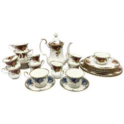 Royal Albert Old Country Roses pattern tea and dinner wares, comprising teapot, six teacups and six saucers, two larger teacups, six side plates, two dinner plates, open sucrier and milk jug, together with two Royal Albert Moonlight Rose pattern teacups and saucers. 