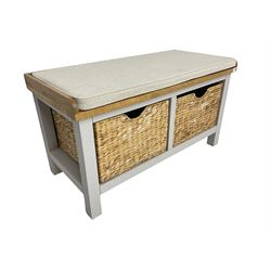 Roseland Farrow - oak and grey finish hallway bench with baskets and squab cushion 