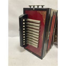 Three European concertinas, comprising Viceroy German concertina with 21 keys, hexagon wooden frame and 8 fold bellows
Oak framed concertina with 12 keys and 8 fold bellows
Commander concertina with 12 keys and 12 fold bellows
With tutor