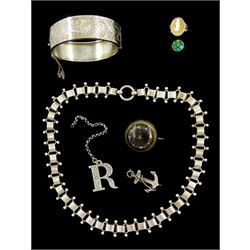 Victorian silver jewellery including book link necklace, Anchor brooch, hinged bangle with applied rose gold decoration and an 'R' pendant by George Unite, tortoise and pique work brooch, 9ct gold cameo ring and a later 9ct gold turquoise ring