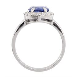 18ct white gold pear cut sapphire and round brilliant cut diamond cluster ring, stamped 750, sapphire approx 2.85 carat, total diamond weight approx 0.30 carat