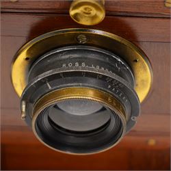 Victorian mahogany and brass bound cabinet card plate camera, with Ross (Zeiss Patent) lens, with three mahogany plate holders,  and an early 20th century oak tripod. This item has been registered for sale under Section 10 of the APHA Ivory Act