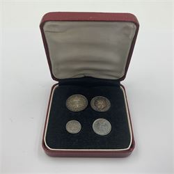 Queen Victoria 1886 maundy coin set, housed in a modern 'Maundy Money' case