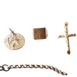 Gold St Christopher's pendant, cross and ring head, all 9ct and gilt chains