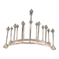 Christopher Dresser (1834-1904) for Hukin & Heath, silver plated six division bridge toast rack, circa 1880, Stamped makers marks and model number 2554, H12cm