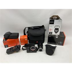 Sony Alpha 7R ILCE-7R camera serial number 3985636, with a 'Carl Zeiss Sonnar FE 1.8/55 ZA' lens, 'FE 28mm F2' lens, Sony Handycam Cyber-Shot HVL-F43M, all with original boxes, together with a Manfrotto camera bag  