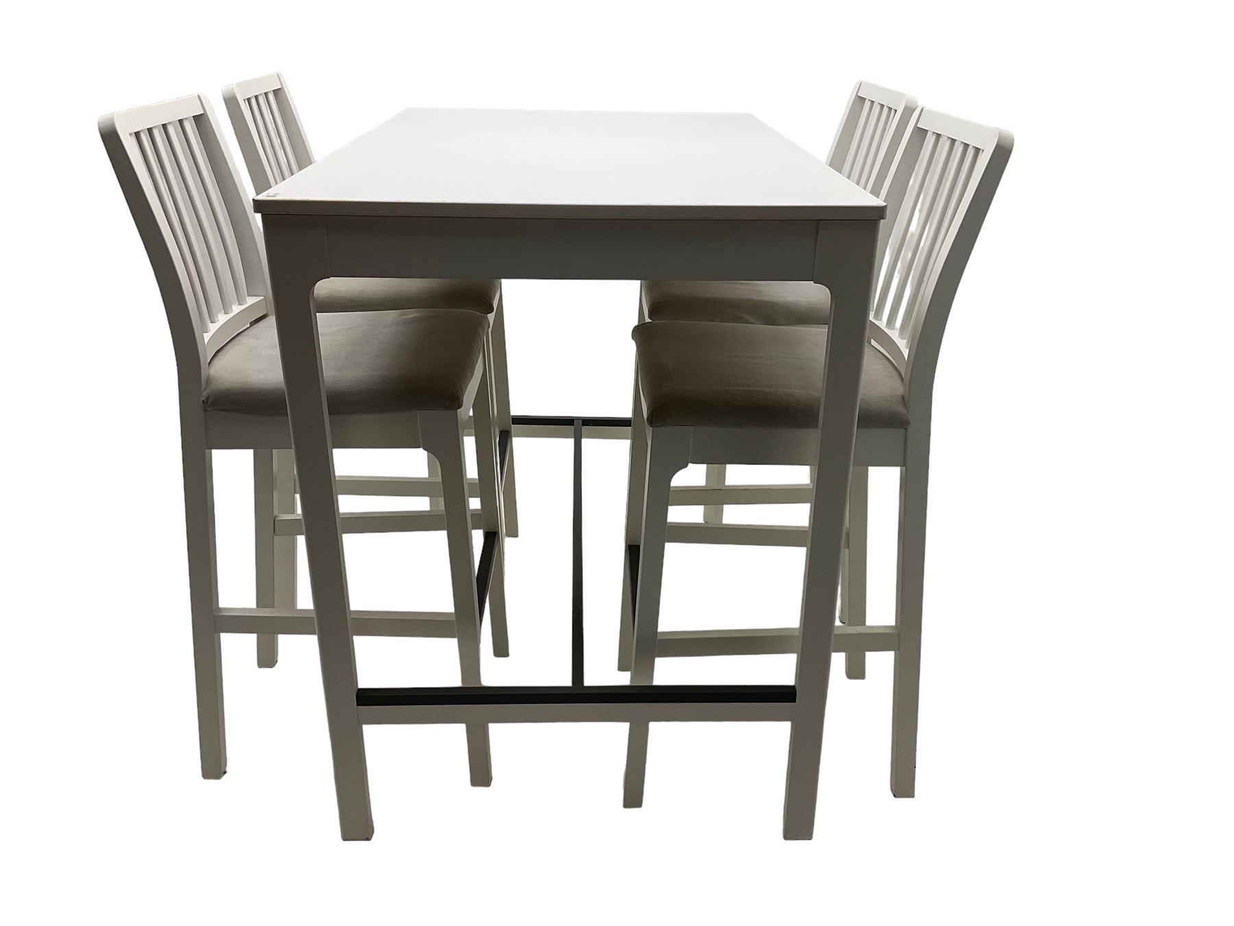 IKEA - 'Ekedalen' bistro set, rectangular table raised on chamfered supports (W121cm D80cm H106cm); and set four bar stools, stick back, in white finish