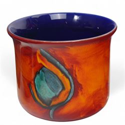 Poole pottery purse vase decorated in the Odyssey pattern, Odyssey pattern fern pot D17cm and a Poole Peacock pattern fern pot D19cm (3)