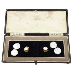 Pair of early 20th century gold and platinum mother of pearl cufflinks and matching shirt studs, stamped 9ct & PT in fitted case