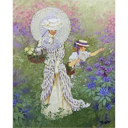 Continental School (20th Century): Mother and Daughter Picking Flowers, oil on canvas indistinctly signed 49cm x 39cm 