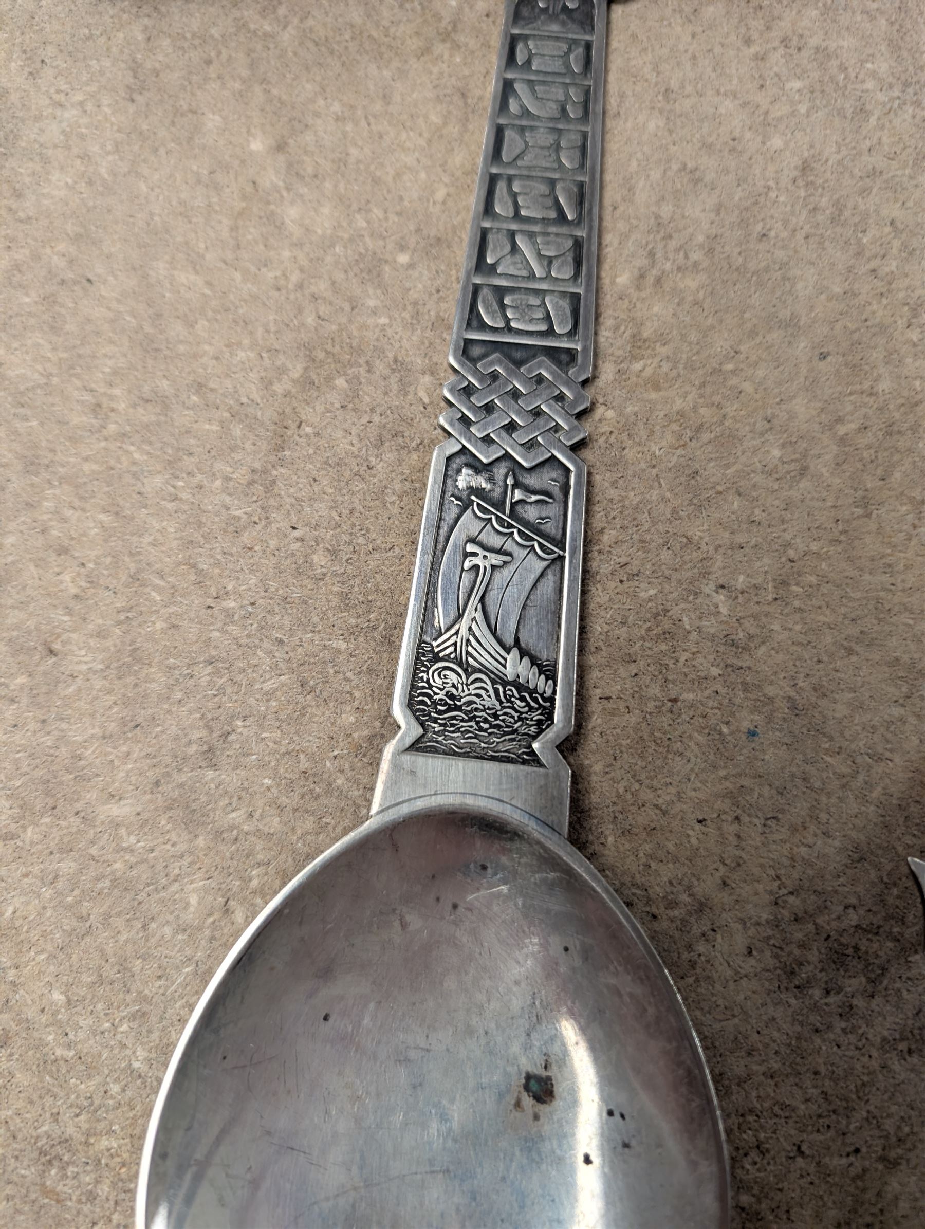 Scandinavian silver spoon, with long ship decoration to handle, stamped PGBB 925, together with a 830 standard Norwegian souvenir spoon, Christening spoon in case and a toasting fork, both hallmarked 