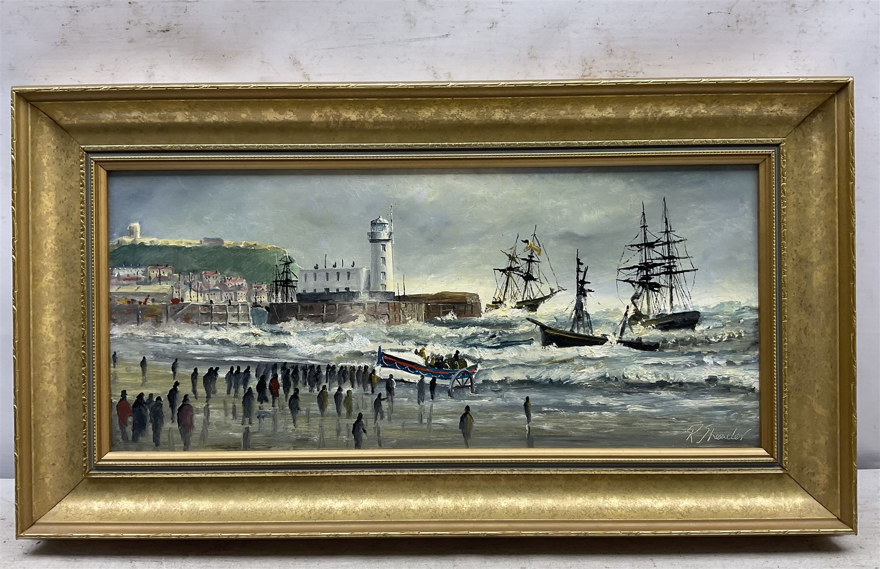 Robert Sheader (British 20th century): Scarborough South Bay at Low and High Tide, pair oils on board signed 21cm x 49cm (2)