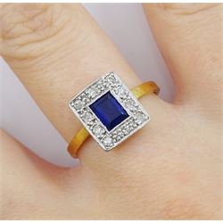 Art Deco 18ct gold milgrain set emerald cut synthetic sapphire and diamond cluster ring, stamped 18ct Platinum