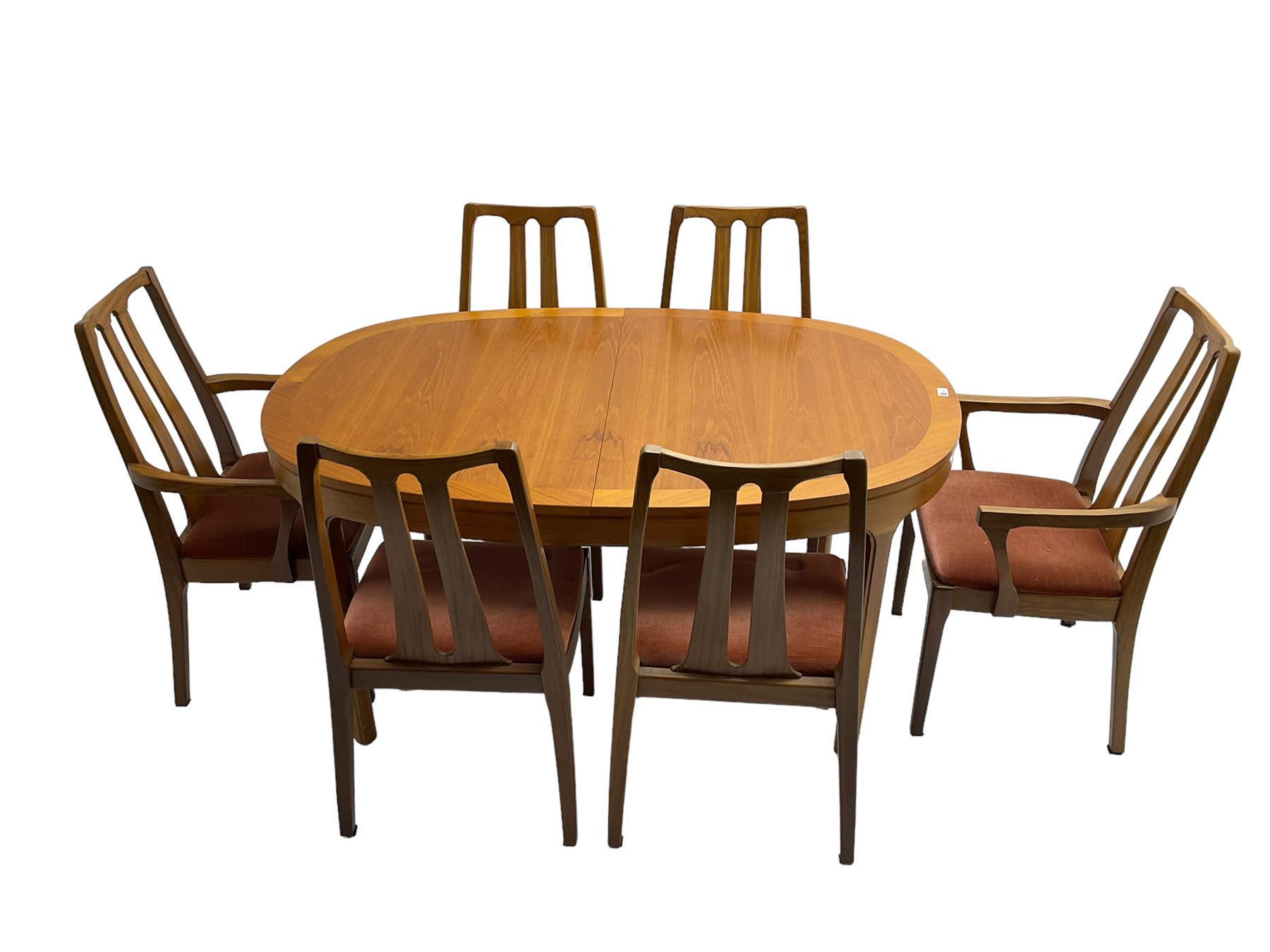 Nathan - mid-20th century teak oval extending dining table (W152cm D99cm H75cm); and Nathan - set six (4+2) mid-20th century teak high slat-back chairs, seats upholstered in light red fabric (W55cm H96cm)