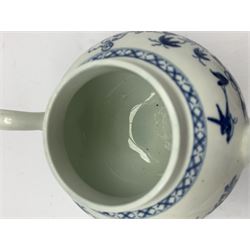 18th Century Worcester teapot, circa 1765-70, decorated in the Bird in the ring pattern, the cover with bud finial, with crescent mark beneath, H13cm, together with a Worcester coffee cup decorated in the same pattern, with crescent mark beneath, H6.5cm